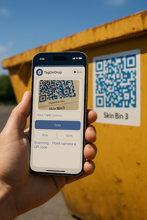 Scanning a QR code on a skip bin with TagOnDrop