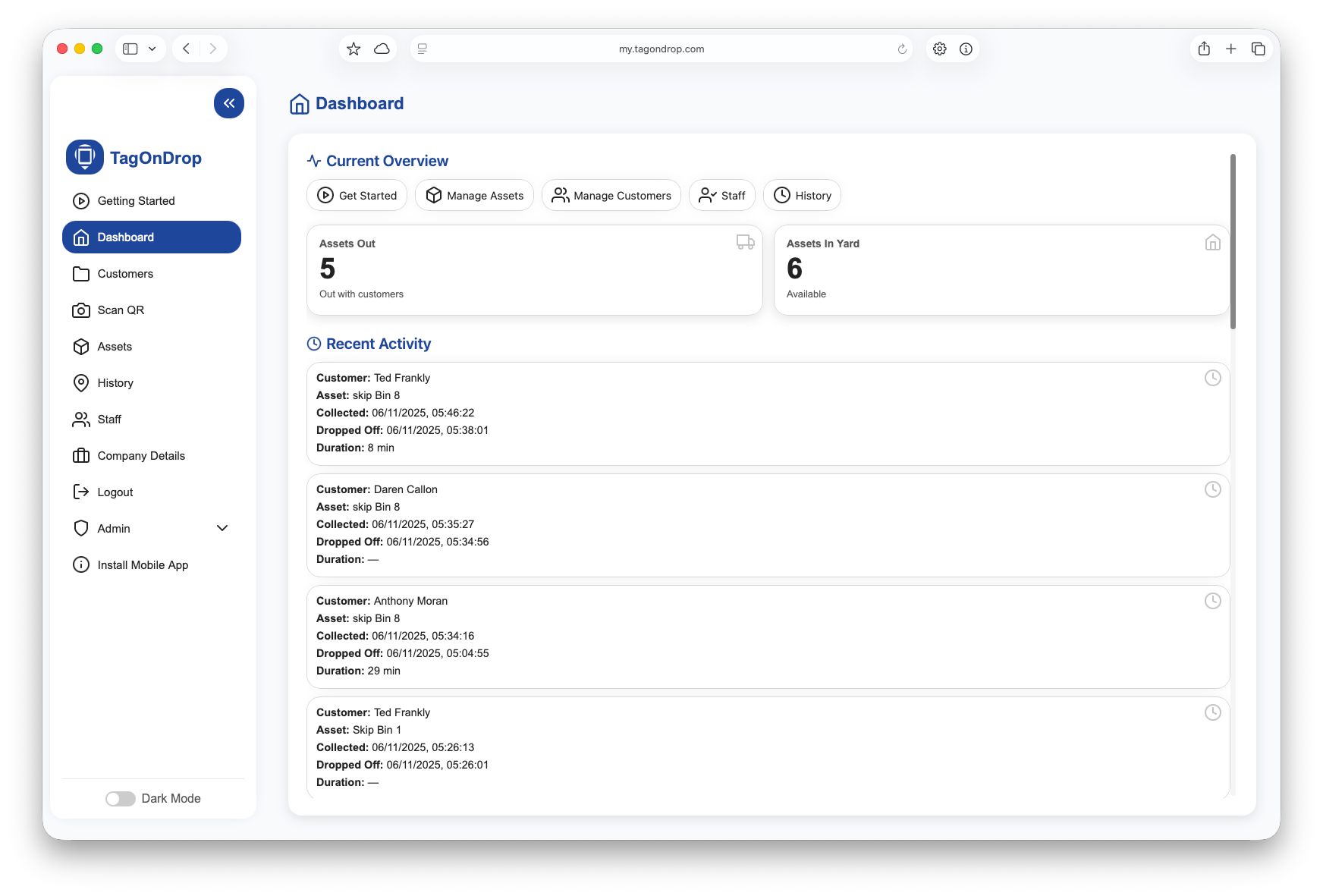 TagOnDrop admin desktop view